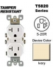 Leviton T5820-I 20 Amp, 125 Volt, Tamper Resistant, Duplex Receptacle, Straight Blade, Residential Grade, Self Grounding, Ivory Leviton T5820-I 20 Amp, 125 Volt, Tamper Resistant, Duplex Receptacle, Straight Blade, Residential Grade, Self Grounding, Ivory